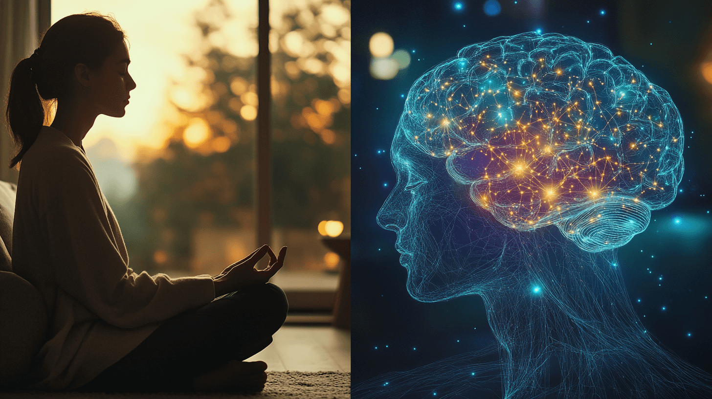 Achtsamkeitsmeditation: Geheimnisvolle Wirkung, wissenschaftlich erwiesen Geteiltes Bild: Links meditiert eine Frau. Rechts ist ein Gehin zu sehen, in dem Schlüsselbereiche markiert sind.