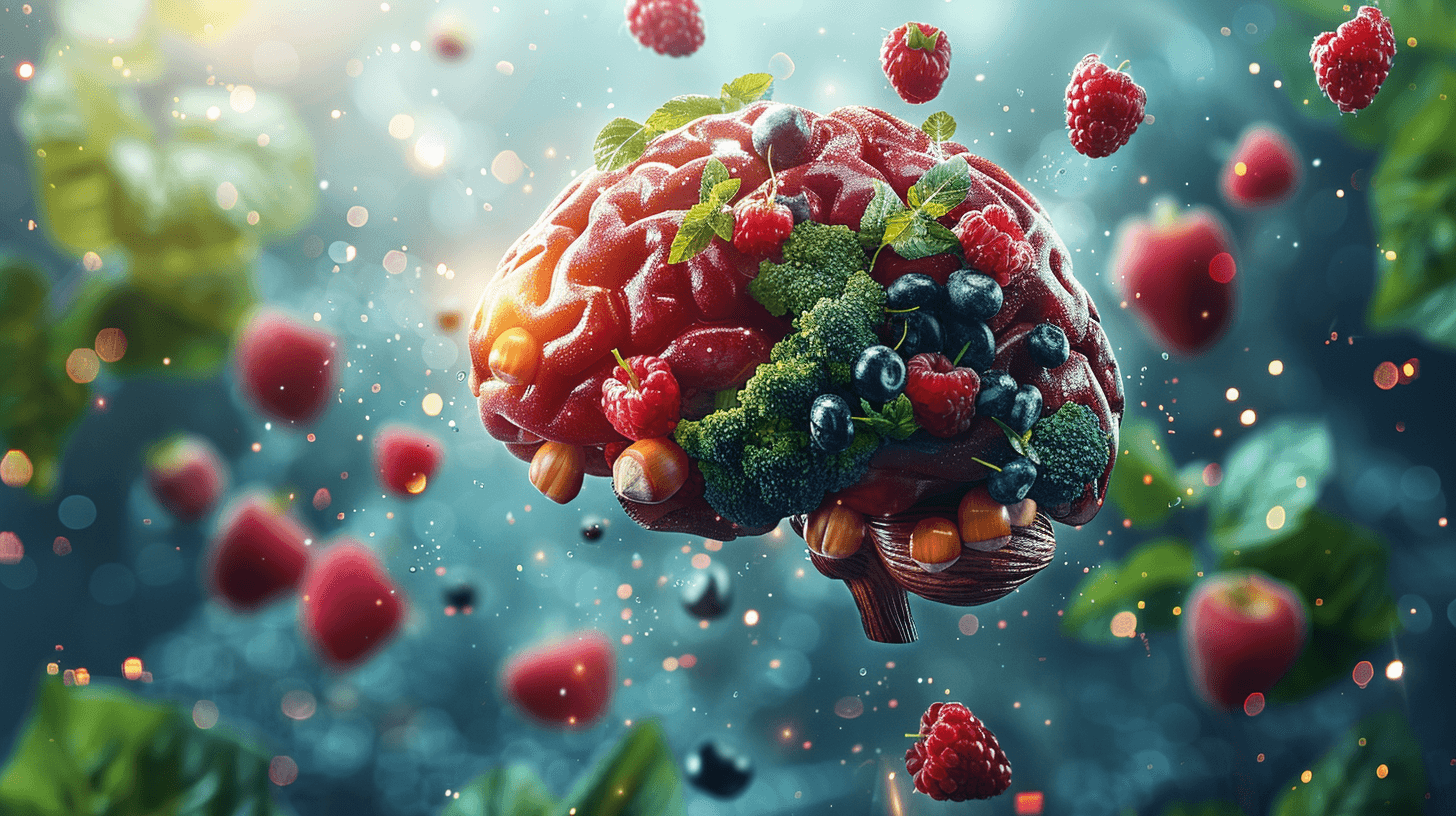 Collage aus einem Gehrin und Symbolen für Mikronährstoffen, die den Zusammenhang zwischen Stimmung und Mikronährstoffen symbolisieren.