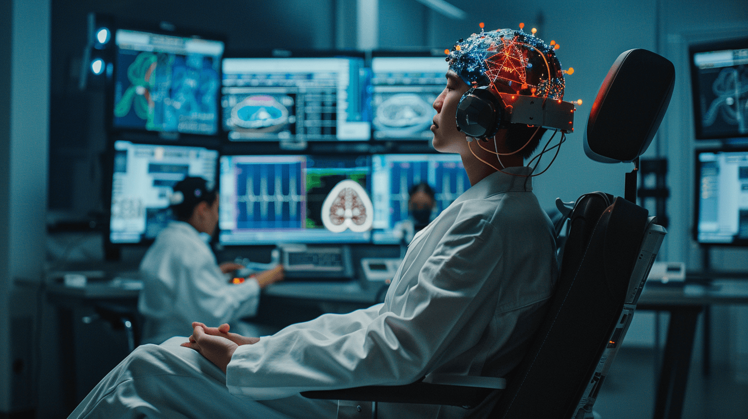 Ein Meditierender in einem Labor. Ein Arzt vor vielen Computern.