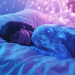 Magnesium und Schlaf: Ein traumhafter Mikronährstoff Eine schlafende Frau, umgeben von einem blauen Schimmer, der eine beruhigende Wirkung signalisiert. Symbolbild für "Magnesium und Schlaf"