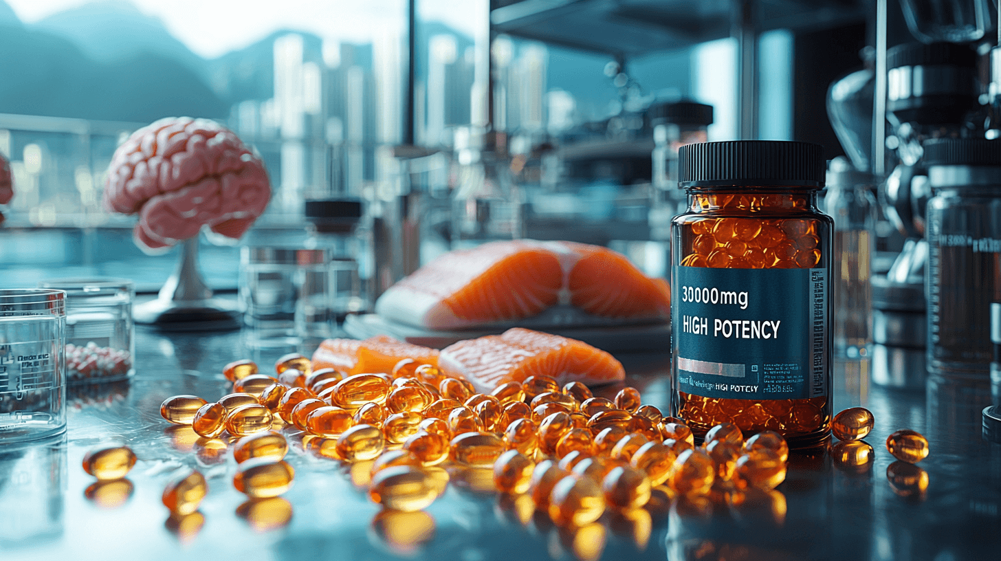 Mikronährstoffe gegen Depression: Gut essen für bessere Stimmung Symbolbild für Mikronährstoffe gegen Depresionen, das ein Gehirn, Lachs, rosa Pillen und ein Glas mit der Aufschrift "High Potency" zeigt.