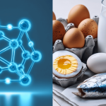 Auf der einen Seite des Bildes ist eine Molekular Struktur zu sehen. Symbolisch die von Vitamin B12. Auf der anderen Seite sind Eier, Makrele, Fleisch und Milch zu sehen. Das sind Vitamin B12 reiche Lebensmittel