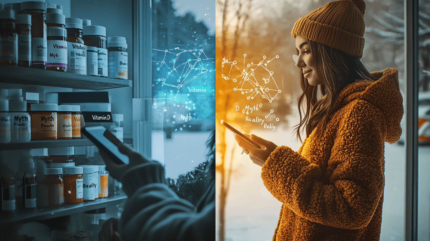 Split Screen: Links Vitamin D Präparate. Rechts junge Frau draußen