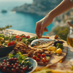 Gedeckter Tisch mit Beeren, Nüssen, Salat und Fisch – denn mediterrane Ernährung ist gut fürs jung bleiben und besseres altern