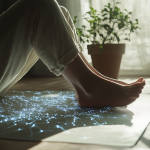 Eine Person sind mit gekreuzten Beinen auf einer Grounding Matte und erdet sich.