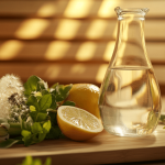 Eine Karaffe mit Wasser, eine aufgeschnittene Zitrone und grünes Gemüse liegen auf einem Holzbrett in einem lichtdurchfluteten Raum. Den Körper entgiften – am besten mit natürlichen Bitterstoffen