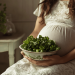 Eine Schwangere hält eine Schüssel mit Salat vor ihren Bauch. Symbolbild für die Bedeutung von Folsäure in der Schwangerschaft
