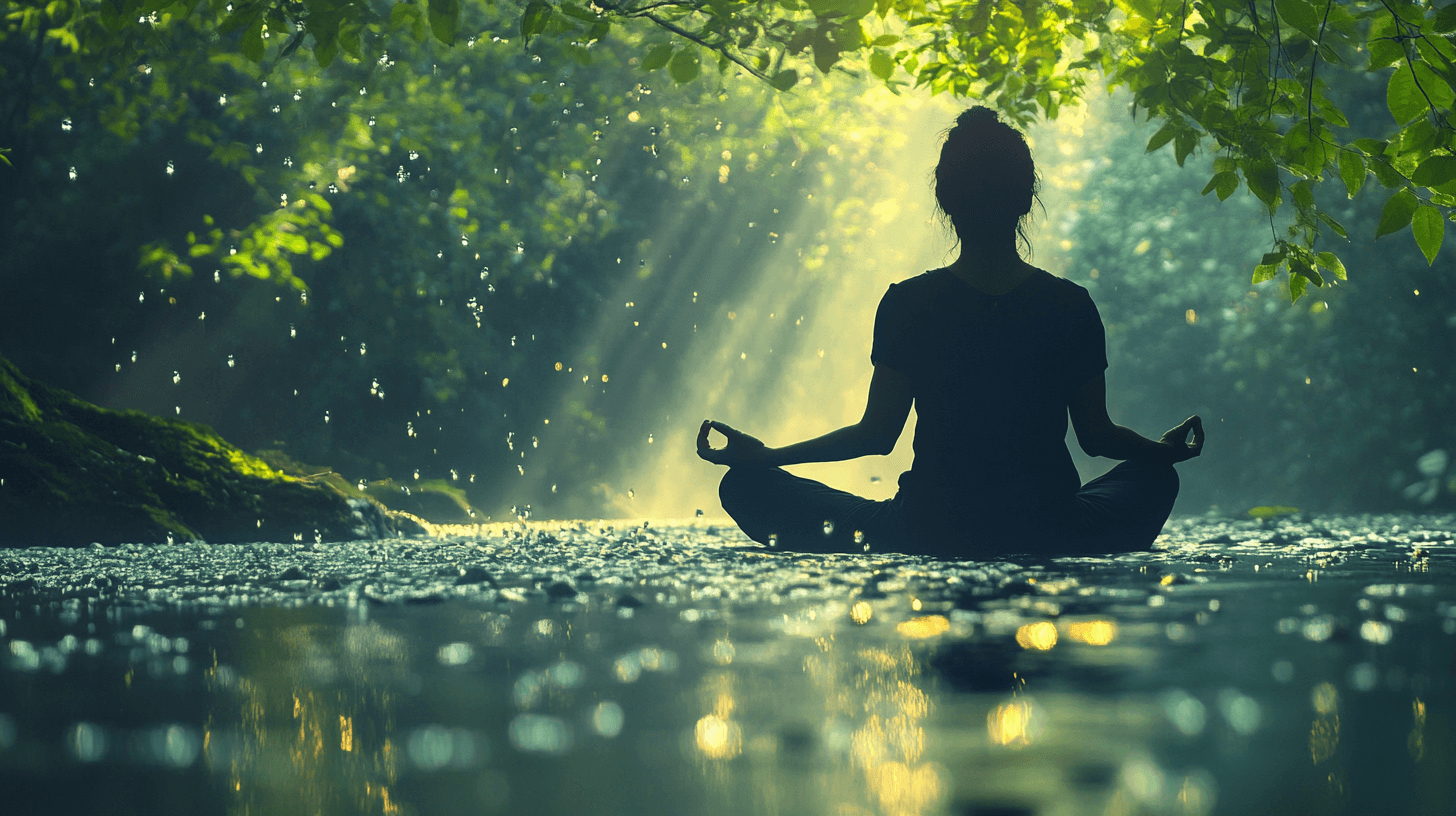 Eine Frau sitzt in Lotusposition in einem Gewässer. Symbolisch für den Körper entgiften