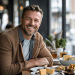 Ein Mann sitzt an einem reich gedeckten Frühstückstich und isst seinen Vitamin k2 reichhaltigen Käse