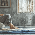 Grounding – was ist dran an Erdungsmatten und Co.? Ansicht eines Zimmers, in dem eine Frau auf einer Erdungsmatte sitzt und sich groundet. Das Licht wirft wurzelartige Strukturen.