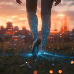 Grounding im Vergleich: Welche Erdungsprodukte lohnen sich? Eine Person geht barfuß über eine Wiese. Die Berührung der Füße mit dem Boden erzeugt blaue, energetische Blitze. Im Hintergrud ist eine Stadt mit agressiven roten Blitzen sichtbar. Symbolbld für die Vorteile von Grounding.